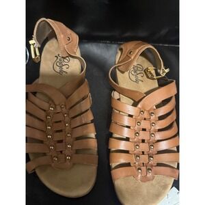 Pure Sole Tan Leather Gladiator Sandals Gold Studded Strappy Flat Shoes Womens 6